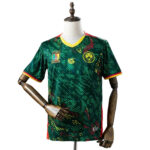 Cameroon national team football jersey on a mannequin, green with yellow trim and team logos on the chest.