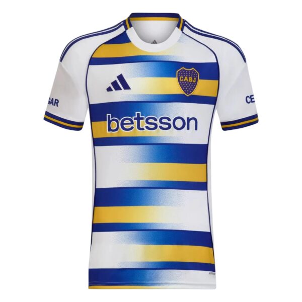 Boca Juniors soccer jersey with blue and yellow horizontal stripes, CABJ crest, and Betsson sponsor