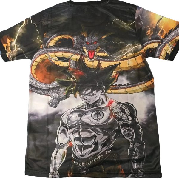 Graphic T-shirt showing Goku with a huge dragon spiraling behind him across a stormy background.