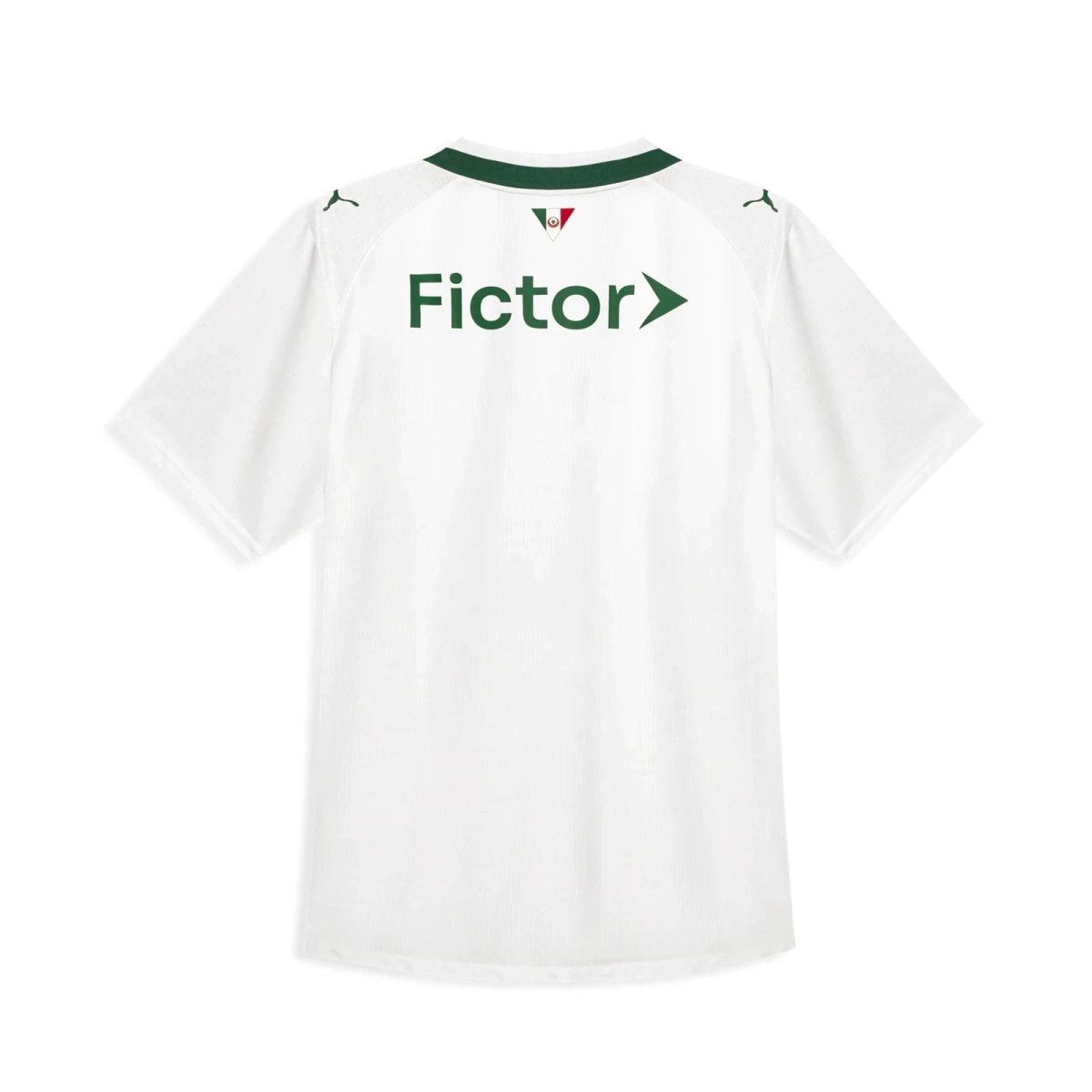 White sports jersey back view with 'Fictor' logo in green across the shoulders and a small triangular badge at the collar.