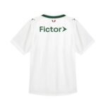 White sports jersey back view with 'Fictor' logo in green across the shoulders and a small triangular badge at the collar.