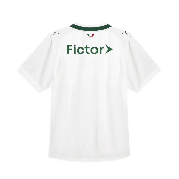 White sports jersey back view with 'Fictor' logo in green across the shoulders and a small triangular badge at the collar.