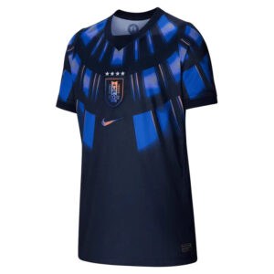 Blue and navy soccer jersey with a geometric pattern, crest with five stars, and Nike logo on the chest.