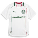 White Palmeiras soccer jersey with green and red trim and sponsor 'sportingbet'.