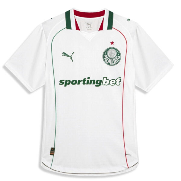 White Palmeiras soccer jersey with green and red trim and sponsor 'sportingbet'.