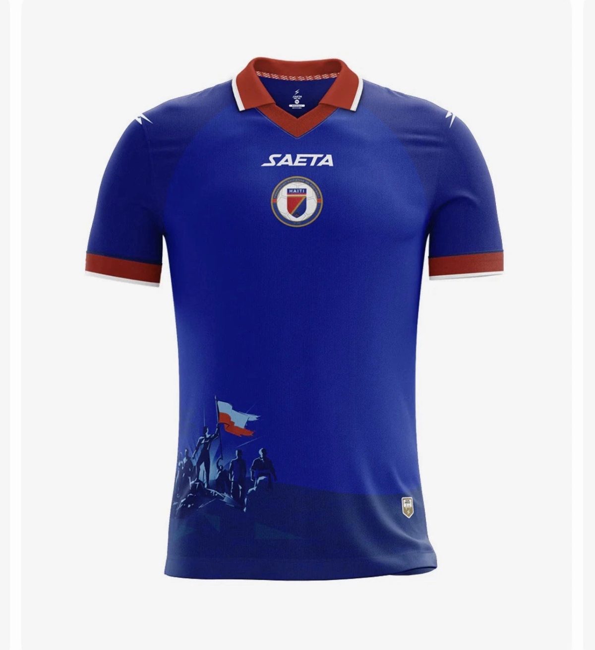 Blue Haiti national team soccer jersey with red collar and crest on chest.