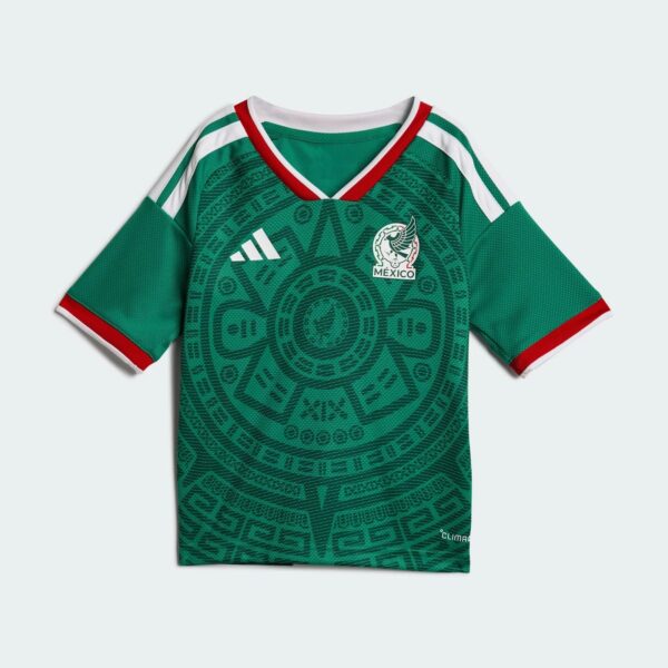 Mexico national team green jersey with red and white trim, Adidas logo, and crest featuring an eagle on the chest