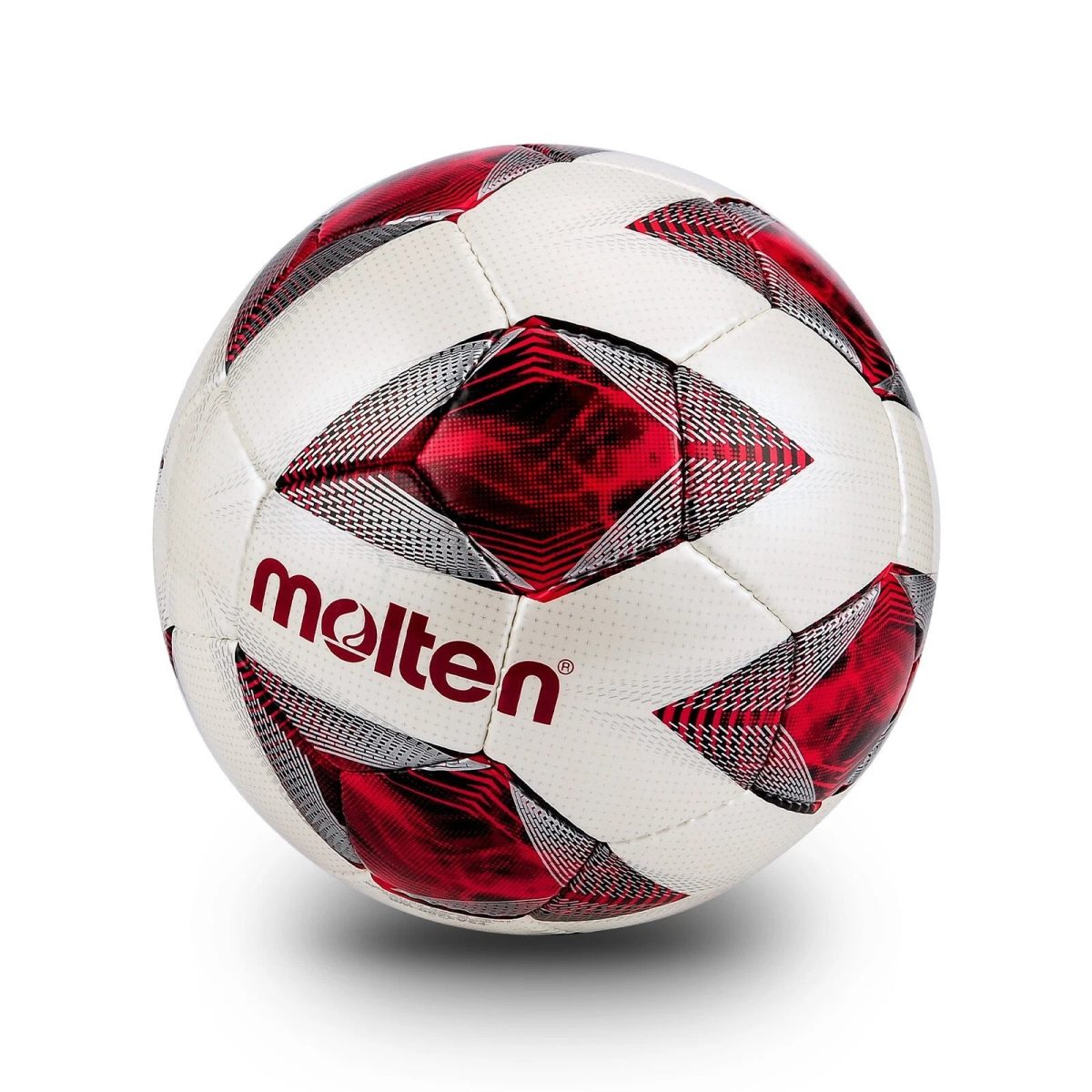 Soccer ball with white surface and red patterned panels, Molten branding visible.