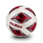 Soccer ball with white surface and red patterned panels, Molten branding visible.