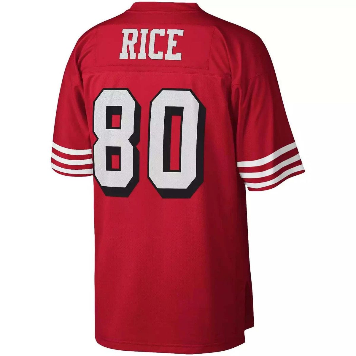 Back view of a red sports jersey with the name 'RICE' and large white number '80' on the back; white stripes on the sleeves.
