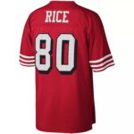 Back view of a red sports jersey with the name 'RICE' and large white number '80' on the back; white stripes on the sleeves.