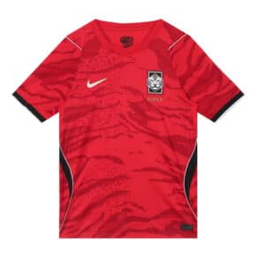 Red Korea national soccer jersey with a tiger crest, white Nike swoosh, and black sleeve cuffs.