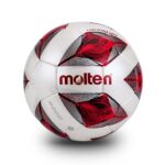 White Molten soccer ball with red geometric panels and quilted texture against a white background, close-up view.
