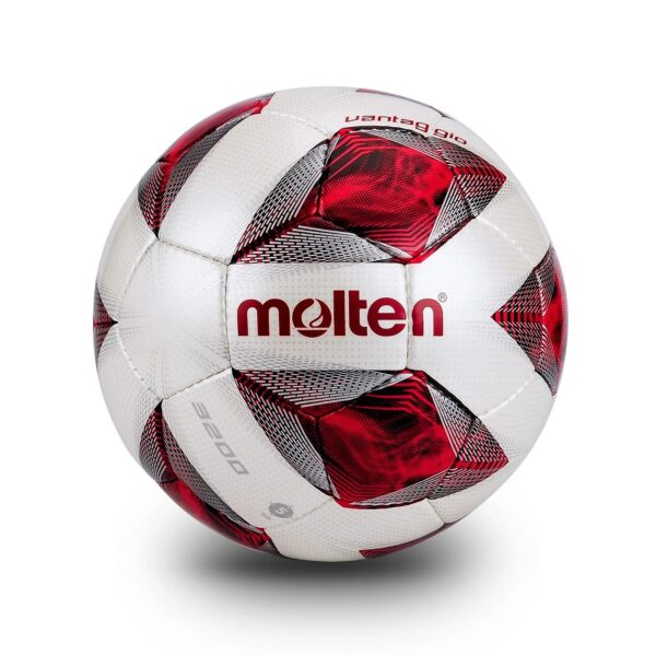 White Molten soccer ball with red geometric panels and quilted texture against a white background, close-up view.