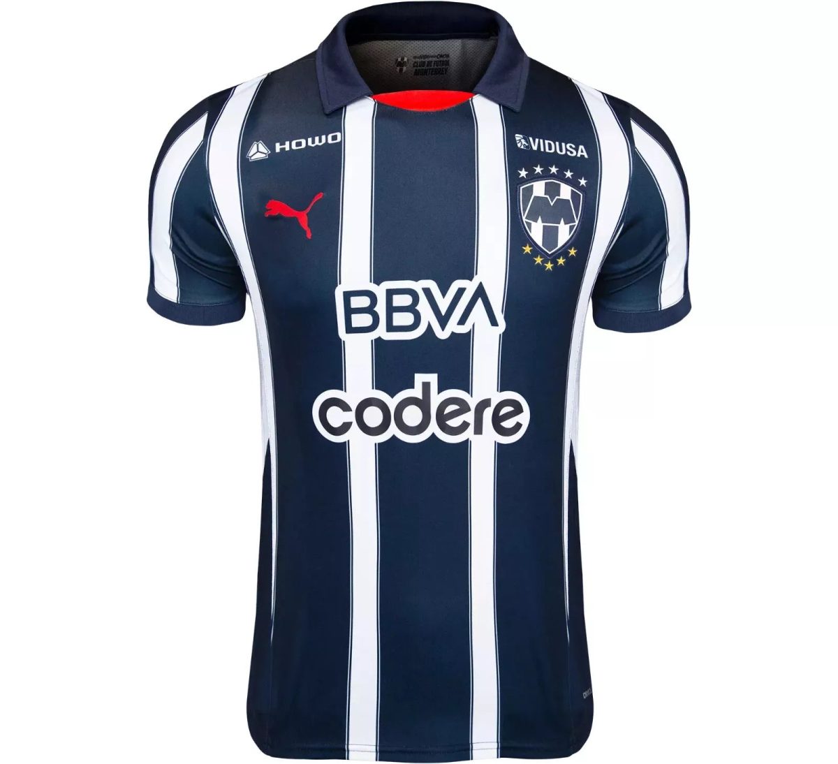 Navy blue soccer jersey with white vertical stripes, featuring BBVA and Codere logos and a crest on the left chest.