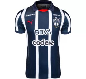 Navy blue soccer jersey with white vertical stripes, featuring BBVA and Codere logos and a crest on the left chest.