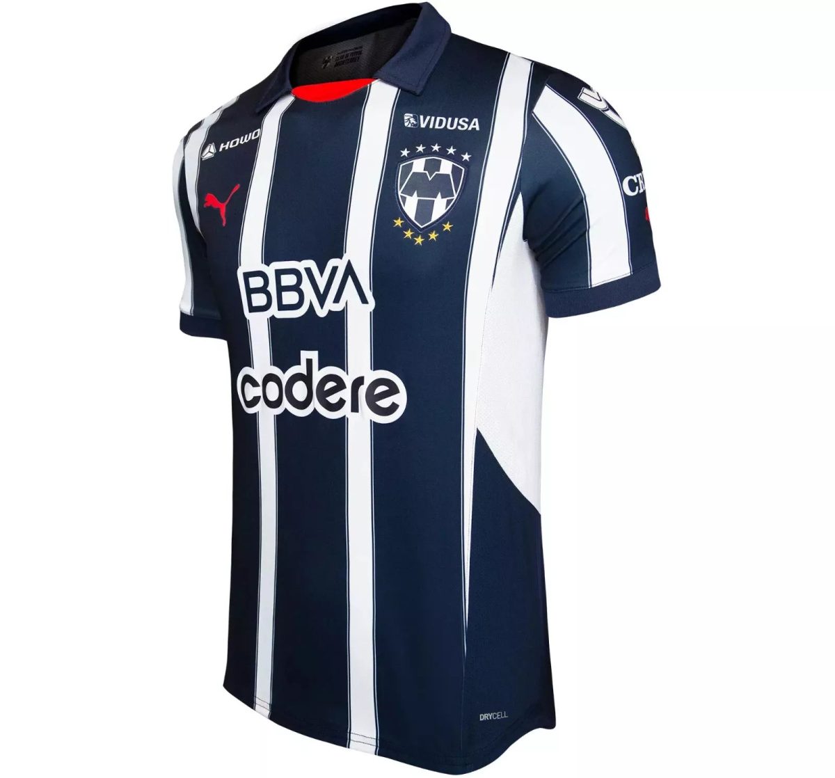 Navy blue and white striped soccer jersey with sponsor logos BBVA and Codere, crest on left chest, and PUMA logo on the right chest.