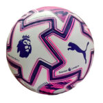 White Premier League soccer ball with pink and purple geometric patterns and Puma branding