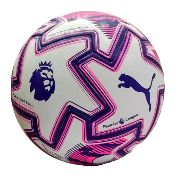 White Premier League soccer ball with pink and purple geometric patterns and Puma branding