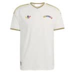 White short-sleeve soccer jersey with gold trim, Venezuela crest, and Adidas logo on the chest.