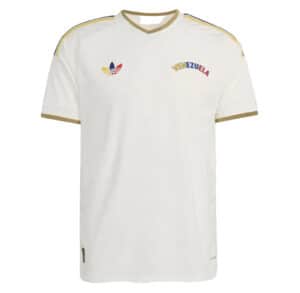 White short-sleeve soccer jersey with gold trim, Venezuela crest, and Adidas logo on the chest.