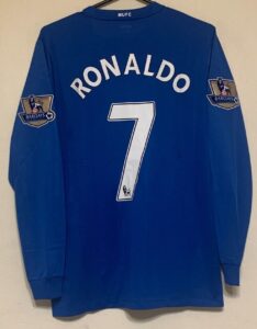 Blue Manchester United jersey with 'RONALDO' and number 7 on the back, featuring Barclays Premier League patches on the sleeves.