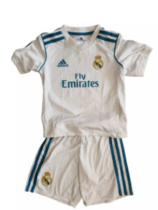 s-l1600_5_512ab085-c7bf-4a49-ab43-0e611f3dee2c | UAE SPORT STORE White Real Madrid soccer jersey and shorts set with blue trim, crest, and Fly Emirates sponsor.