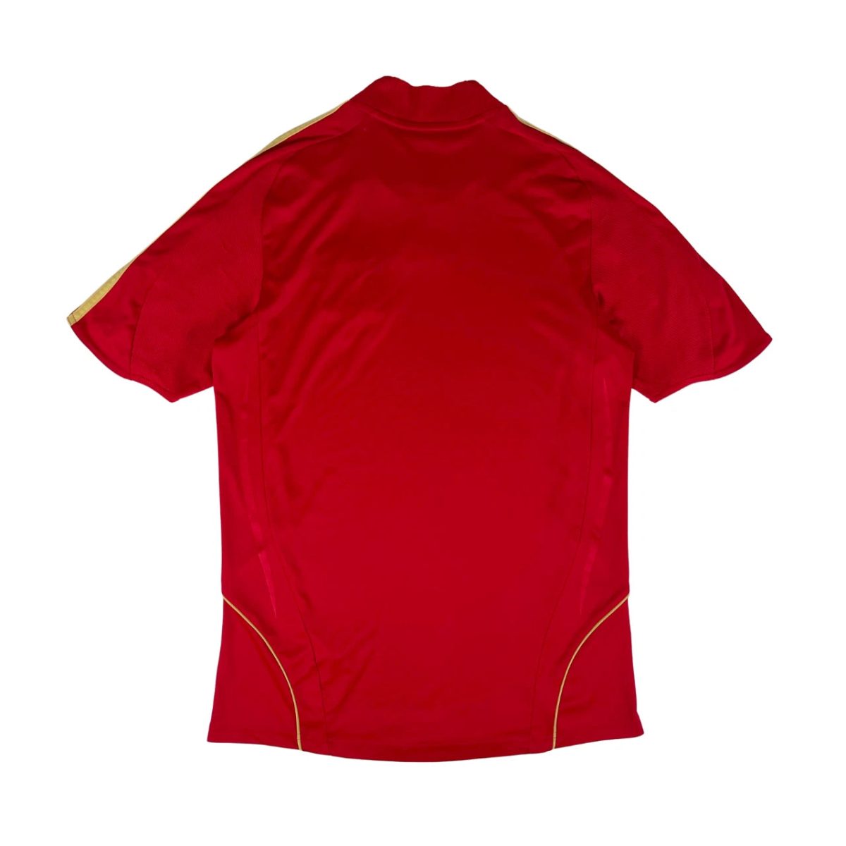 Back view of a red athletic jersey with gold piping along the shoulders and sides, sleeveless look implying a sports top