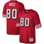 Red NFL jersey with number 80 and 'Rice' on the back, white-outlined digits and striped sleeves.