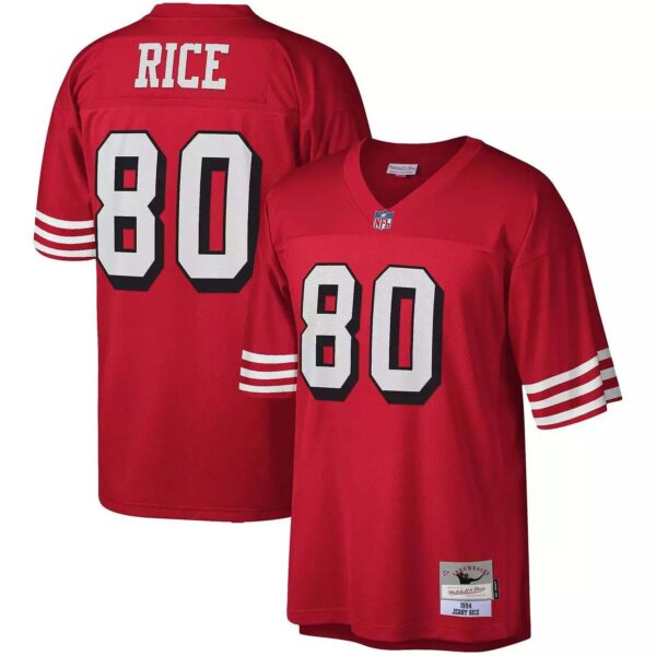 Red NFL jersey with number 80 and 'Rice' on the back, white-outlined digits and striped sleeves.