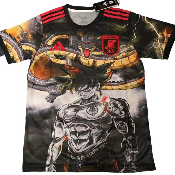 Black graphic T-shirt with a fierce Goku illustration and a red dragon wrapping around the chest, plus a Japan JFA patch on the chest.