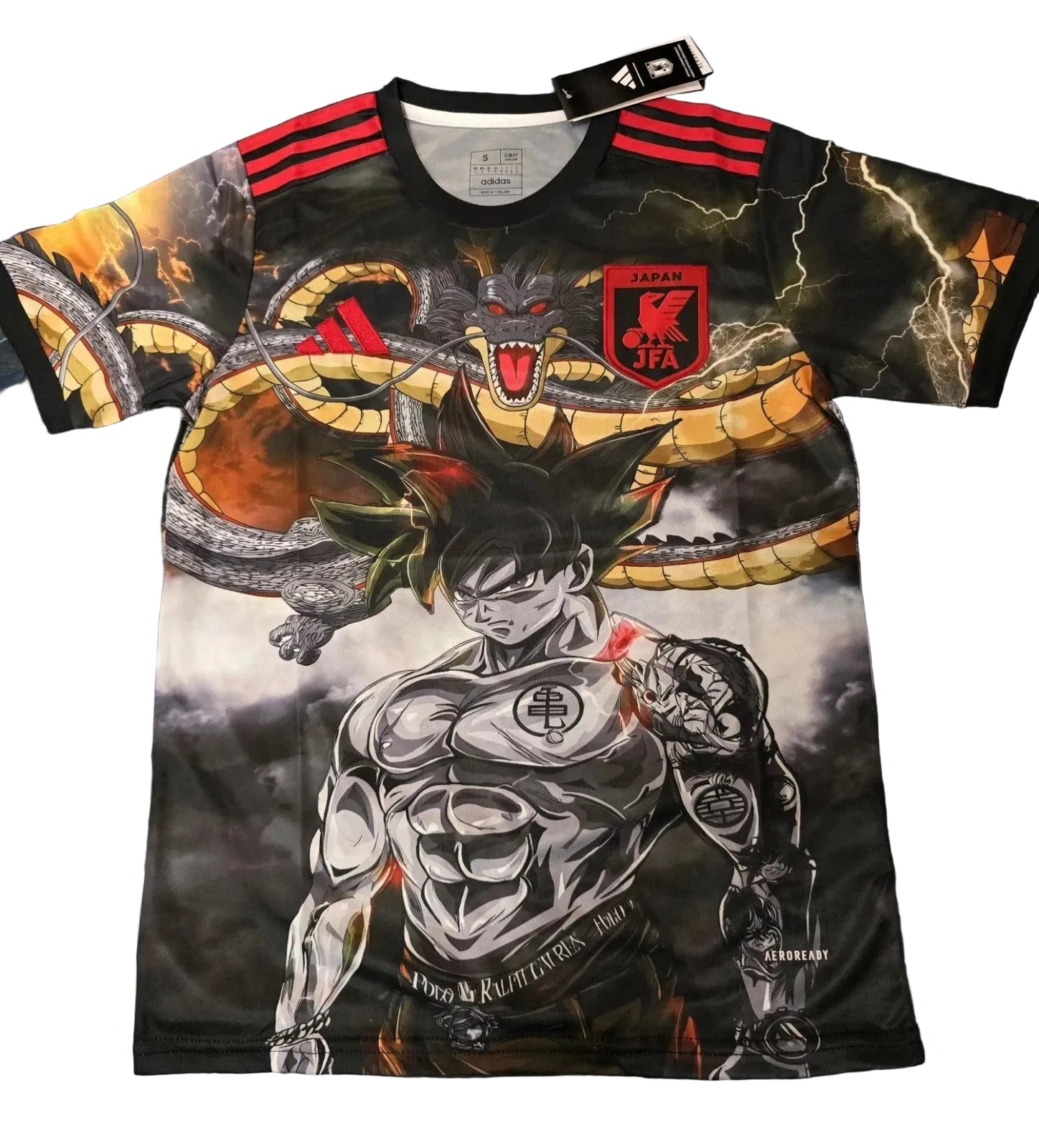 s-l1600_a9937637-cfa6-4130-84a7-67b8ccf6298a | UAE SPORT STORE Black graphic T-shirt with a fierce Goku illustration and a red dragon wrapping around the chest, plus a Japan JFA patch on the chest.