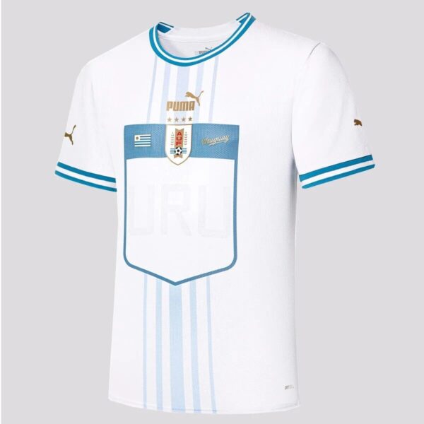 White Uruguay national team soccer jersey with blue vertical stripes, crest, and Puma logo on the chest.