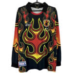 Black long-sleeve shirt with bright red-yellow flame pattern and black collar, sports jersey with JFA emblem and 'Japan World Cup 1998' text on chest