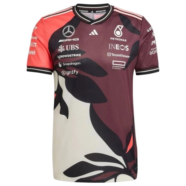 Maroon camo racing jersey with multiple sponsor logos on chest, short sleeves.