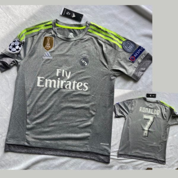 Real Madrid gray football jersey with neon green stripes, Fly Emirates sponsor, crest and patches; inset shows the back with 'RONALDO' and number 7.