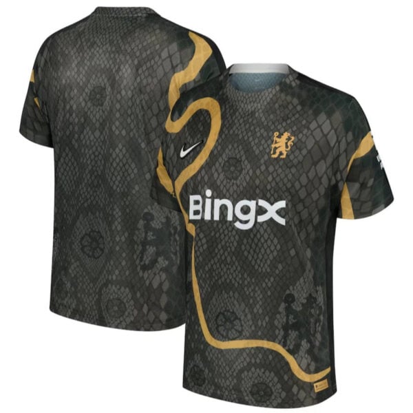 Front and back view of a dark snakeskin-pattern sports jersey with yellow piping, featuring the BingX sponsor logo and a small lion crest on the chest.