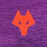 Orange geometric wolf/fox head logo on a purple textured fabric background approaching center.