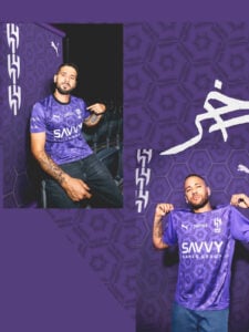 Two men in purple team jerseys posing in a split-screen collage with a purple patterned background.