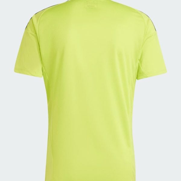 Back view of a neon yellow-green short-sleeve polo shirt against a light background, showing plain back and collar.
