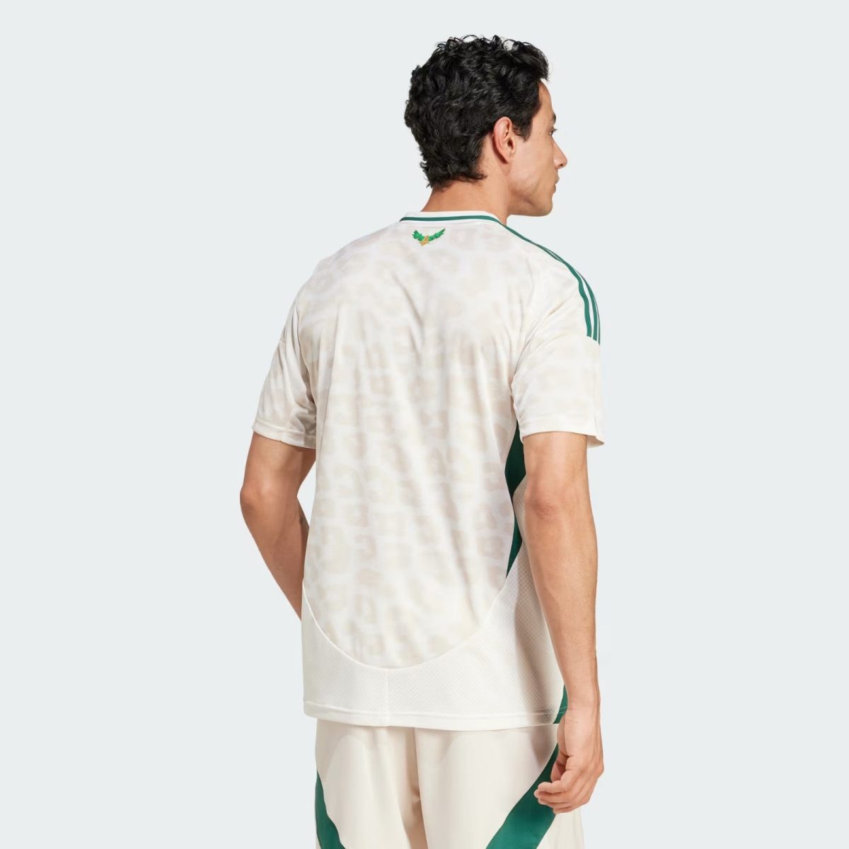 Back view of a man wearing a white sports jersey with green trim and a small logo at the collar against a pale background.