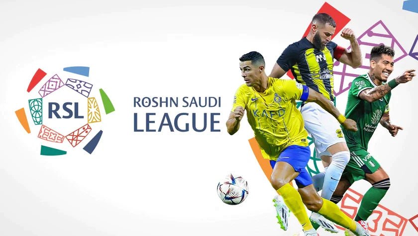 RSL/Roshn Saudi League banner with colorful circular logo on left and three soccer players in yellow, white, and green jerseys chasing a ball on the right.
