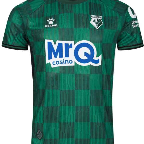 Watford FC green checkered soccer jersey with club crest on the chest and the MrQ Casino sponsor logo prominently on the front.