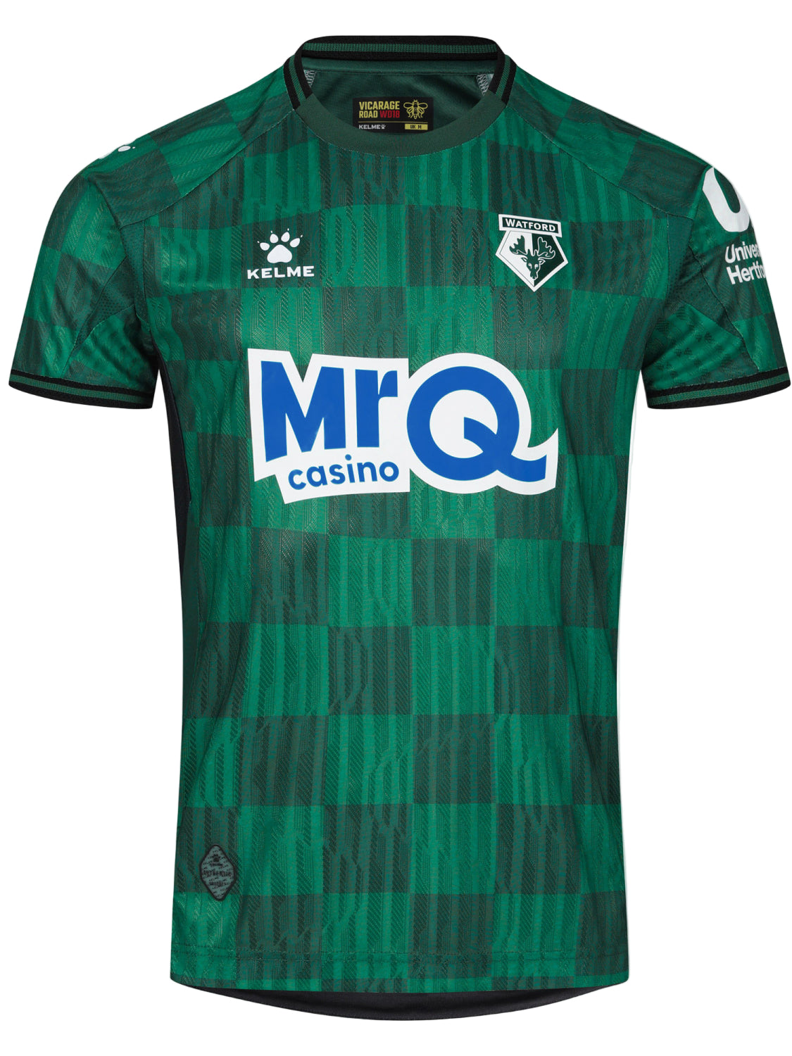 scf | UAE SPORT STORE Watford FC green checkered soccer jersey with club crest on the chest and the MrQ Casino sponsor logo prominently on the front.