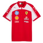 Red Ferrari polo with white panels, featuring Ferrari crest and sponsor logos (HP, Shell, UniCredit, IBM, CEVA).