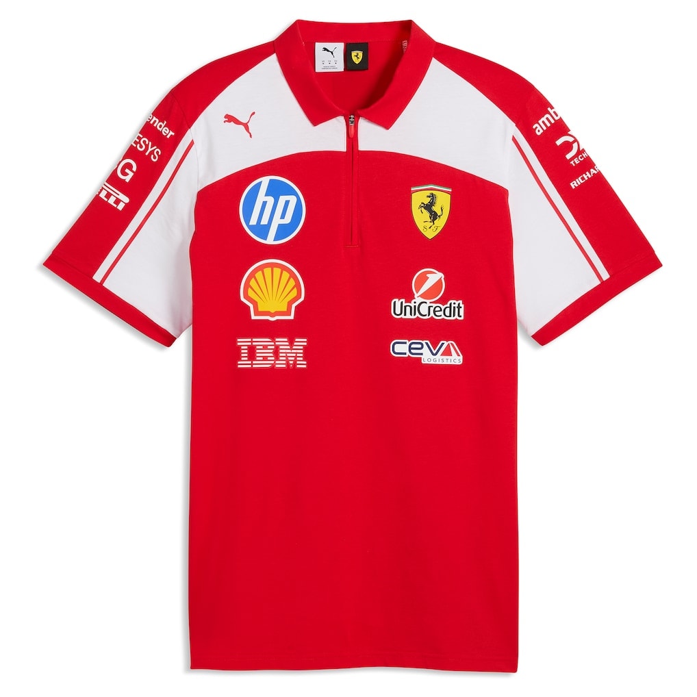 scuderia-ferrari-2026-team-polo_ss5_p-203337053_pv-2_u-cpuue5qyocyqftvfrovq_v-gm6cs1ckxswtnlifo5nv | UAE SPORT STORE Red Ferrari polo with white panels, featuring Ferrari crest and sponsor logos (HP, Shell, UniCredit, IBM, CEVA).