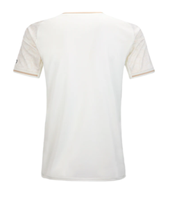 Back view of a white short-sleeve shirt with subtle patterned sleeves.