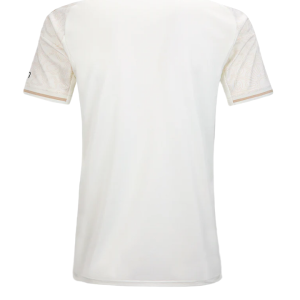 Back view of a white short-sleeve shirt with subtle patterned sleeves.