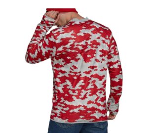 sdferf_609d337f-401a-4148-98af-cd2fc4f51526 | UAE SPORT STORE Back view of a person wearing a red-and-white camo long-sleeve shirt and blue jeans, with a red hat partially visible at the top edge.