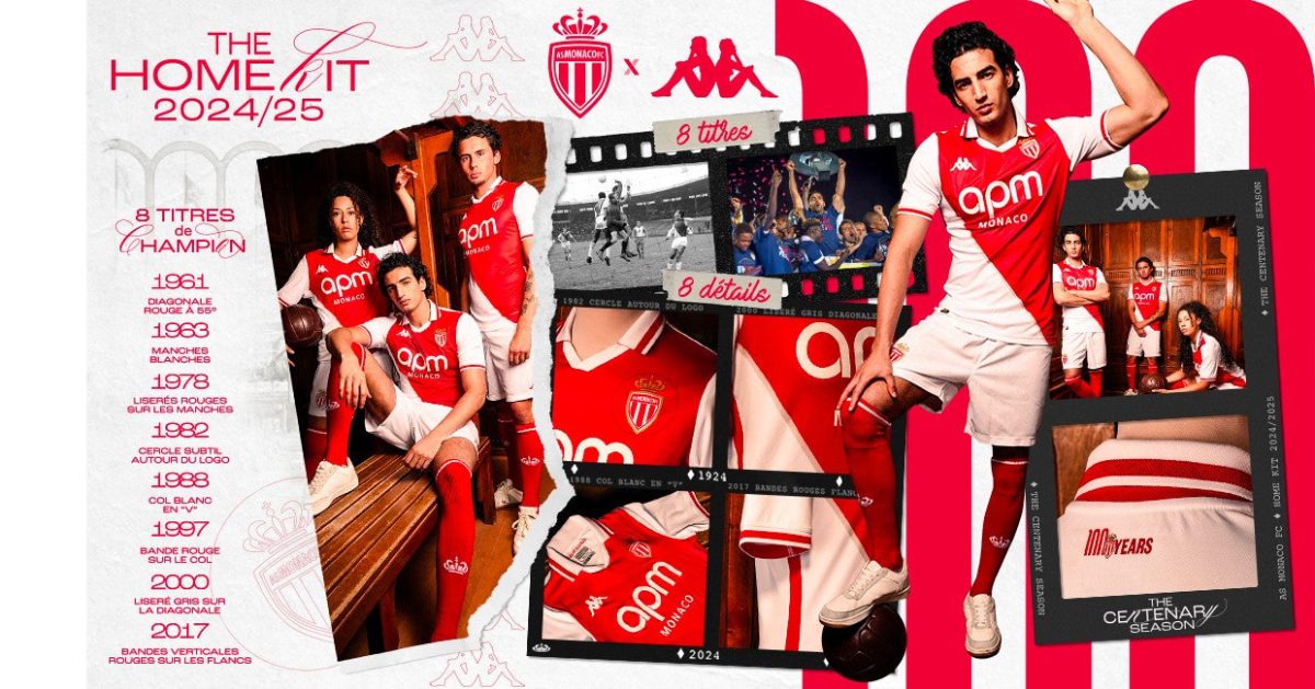 Collage poster for AS Monaco 2024/25 home kit with players in red and white, film-strip montage, crest, and sponsor logos.